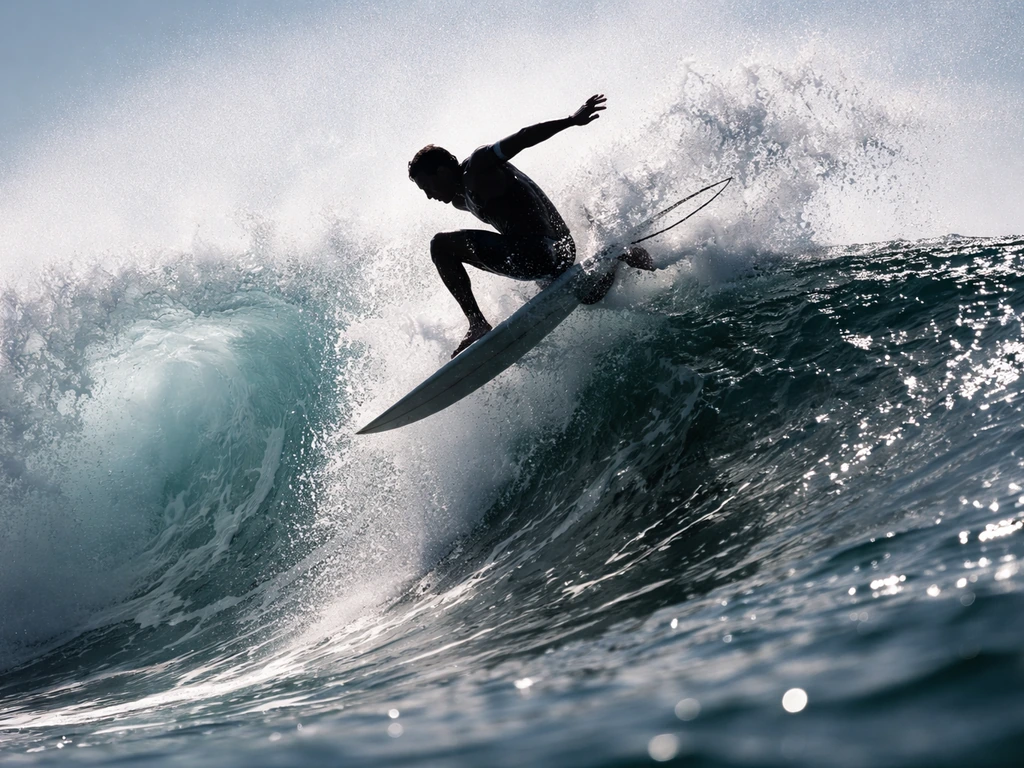 Anonymous surfer silhouette performing an aerial maneuver on a barrel wave amid dramatic ocean spray.