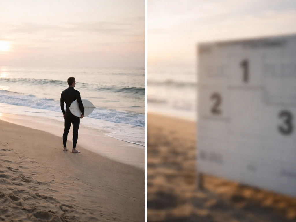 Surfer waiting on a beach at sunrise with a blurred WSL-style contest board in the background