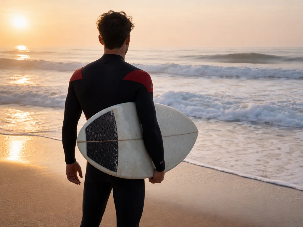 Anonymous competitive surfer in Hurley-style wetsuit grips a board on the shore at sunrise.