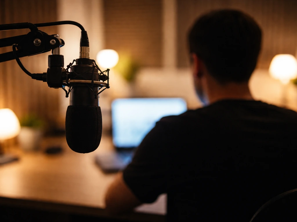 Anonymous studio scene with a microphone and a laptop, implying content creation and monetization.