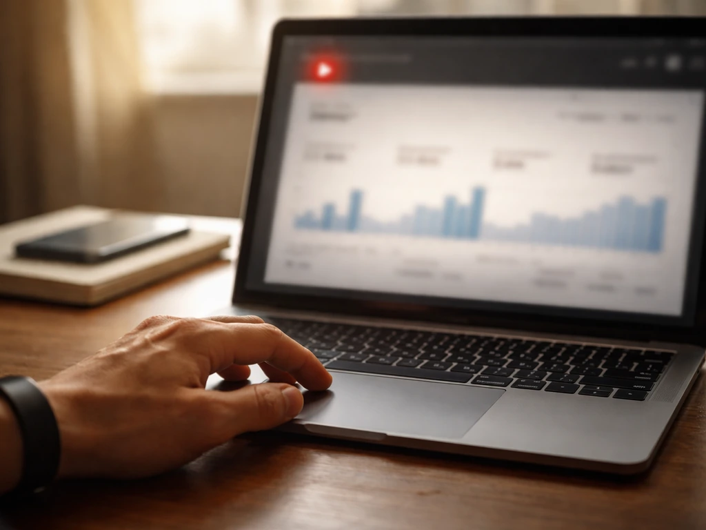 Close-up of a laptop showing a muted analytics dashboard and a YouTube play icon on a blurred screen.