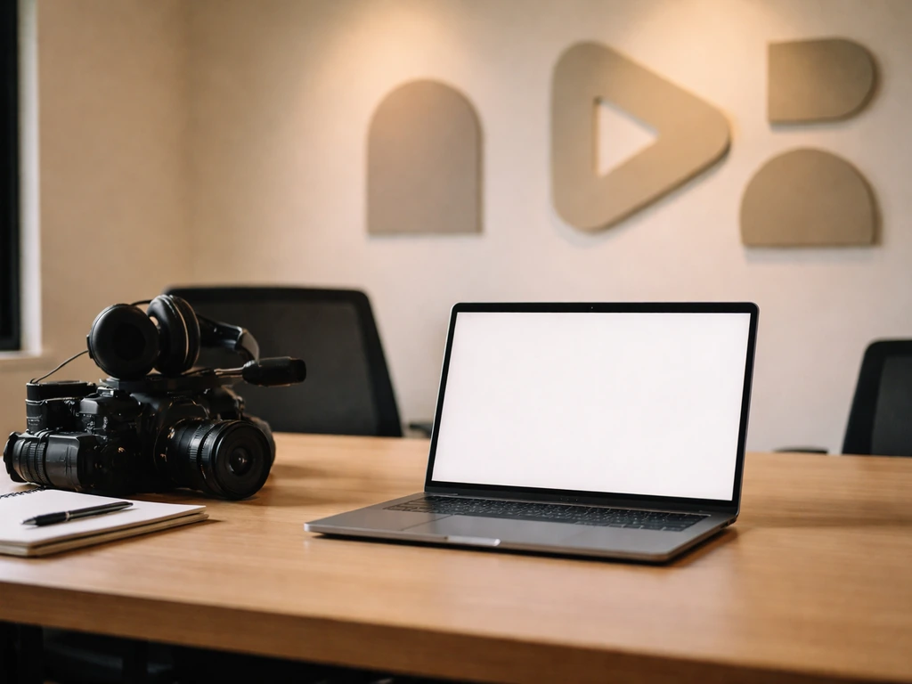 Minimal workspace with a laptop, studio branding wall, and warm light symbolizing Play9’s content business layer.