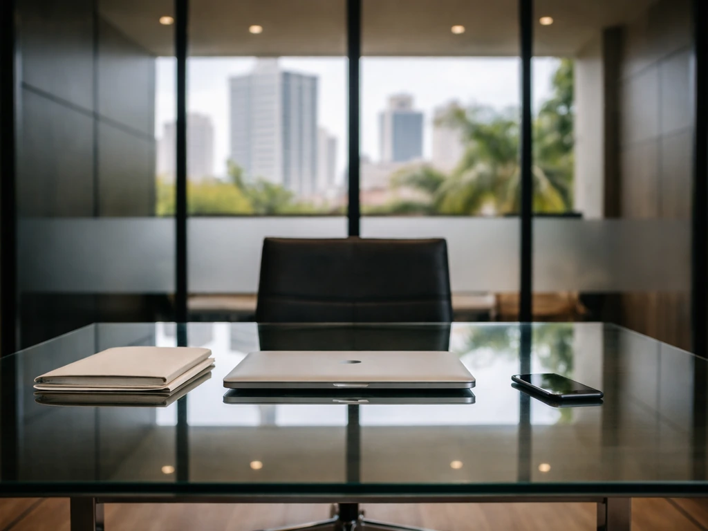 Minimal photo of a sleek modern office desk with an abstract holding-company vibe for a Brazilian content studio.