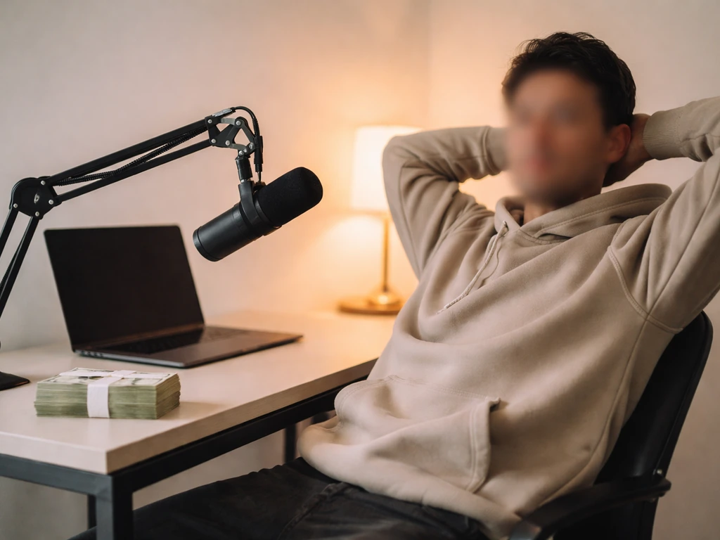 Anonymous creator in a modern studio holding a microphone near a laptop and cash-like prop wallet