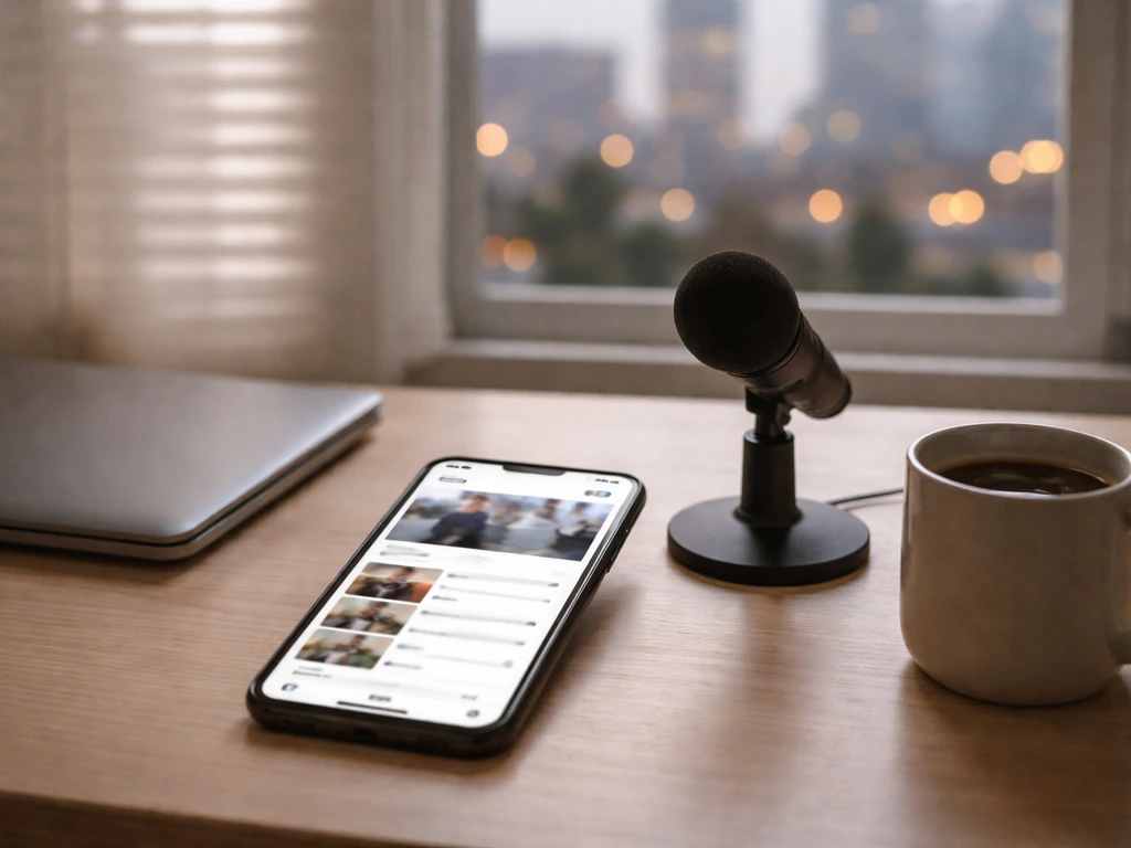 Minimal creator media workspace with blurred phone thumbnail and small microphone on a desk by a LA window.
