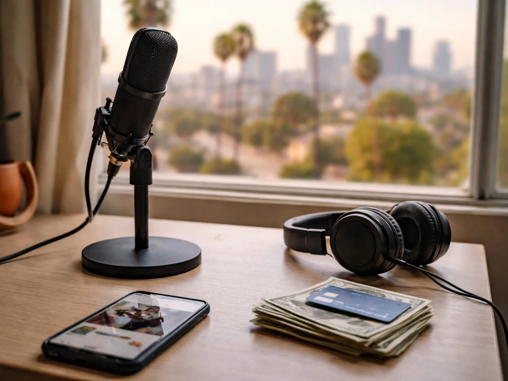 Minimal home-studio desk with microphone and phone near cash, symbolizing multiple content income streams.