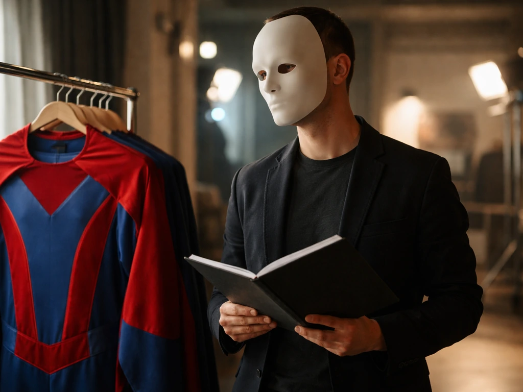Anonymous actor in a studio wardrobe, standing by a clothing rack with colorful fabric behind.