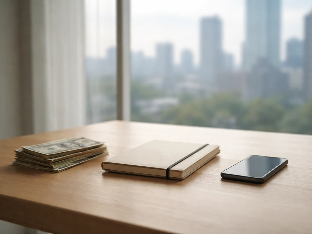 Minimal office desk with a notebook and cash and a blurred city view, symbolizing a net worth timeline