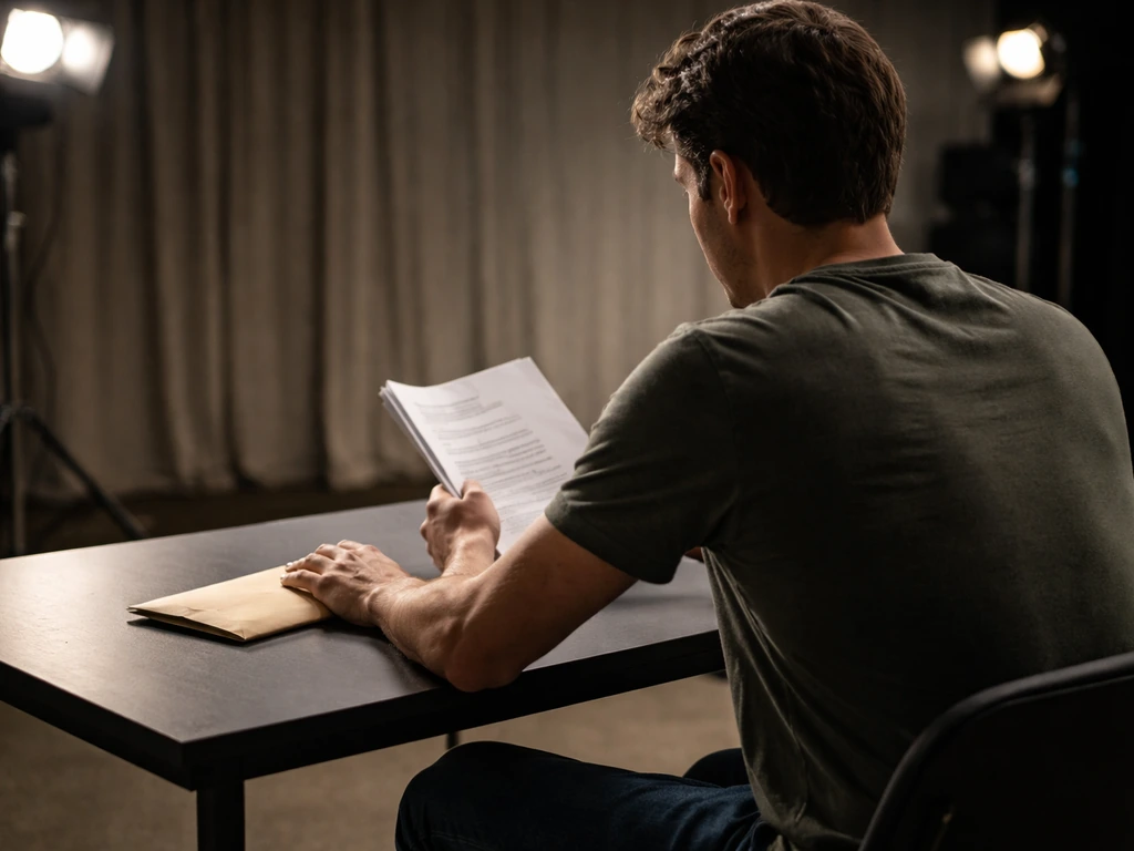 Anonymous actor in a quiet studio holding a script, with a simple cash envelope on a desk