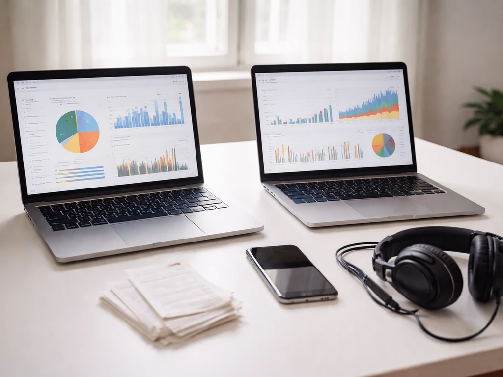 Two open laptops and studio headphones on a desk, symbolizing comparing and updating an estimate