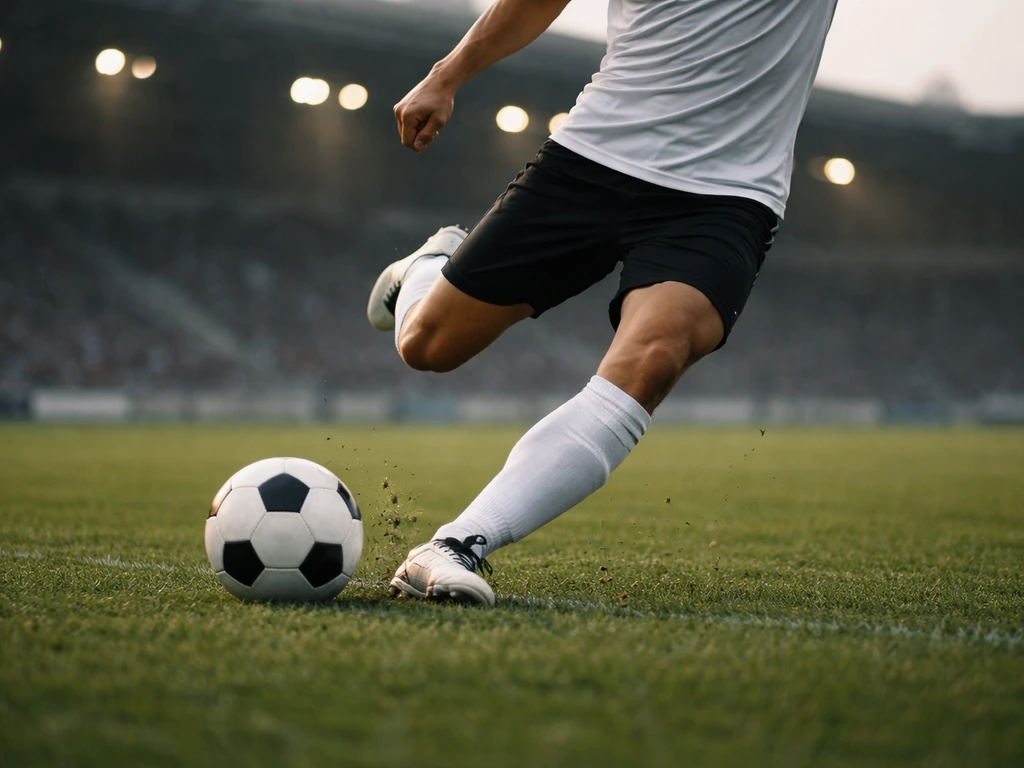 Anonymous soccer player in motion on a quiet stadium field, evoking shifting fame and wealth.