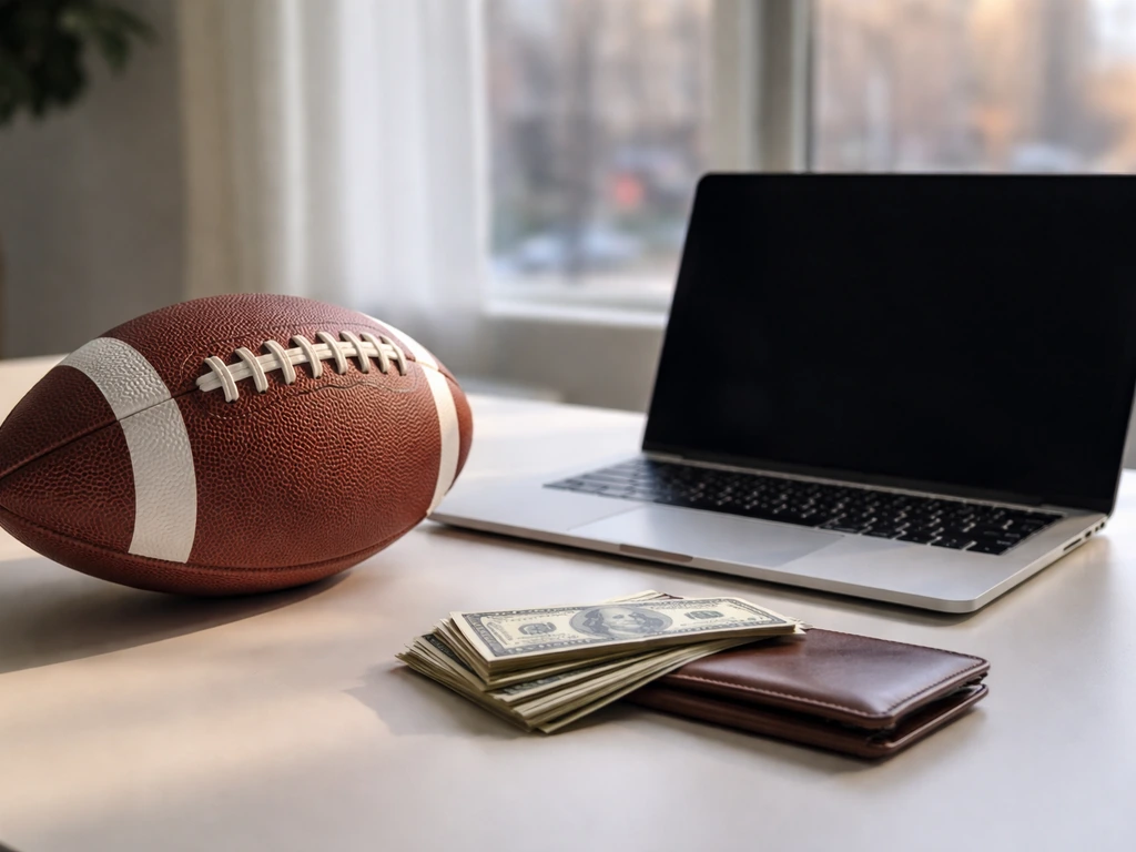 MLS-style earnings concept: a closed laptop, football, and scattered cash-like textures on an office desk