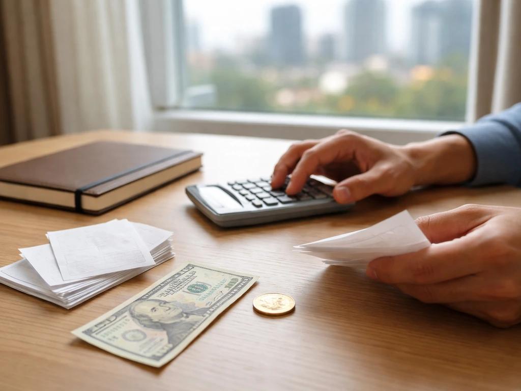 Hands on a desk with calculator and blank receipts, symbolizing income minus expenses for net worth.