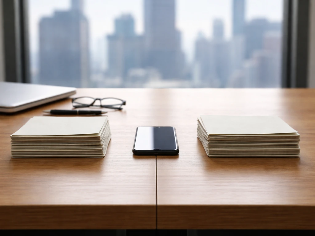 Minimal desk scene with two side-by-side surfaces, papers, and a phone suggesting financial estimates comparison.