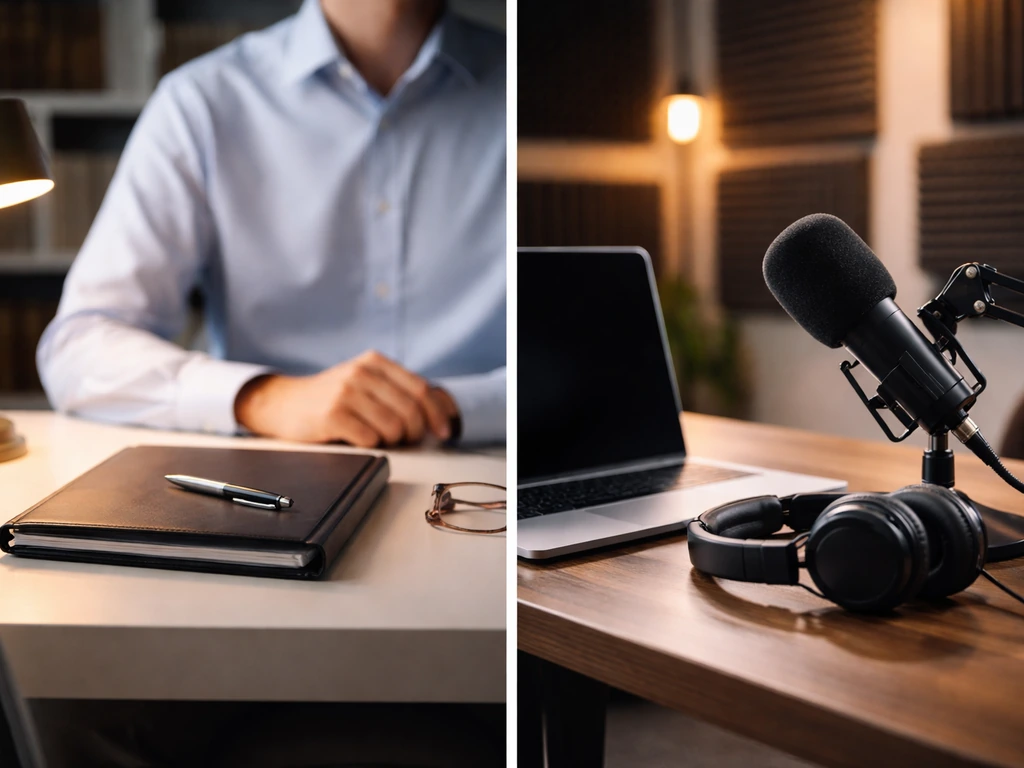 Split-screen style scene showing two different generic office setups with subtle finance and media cues