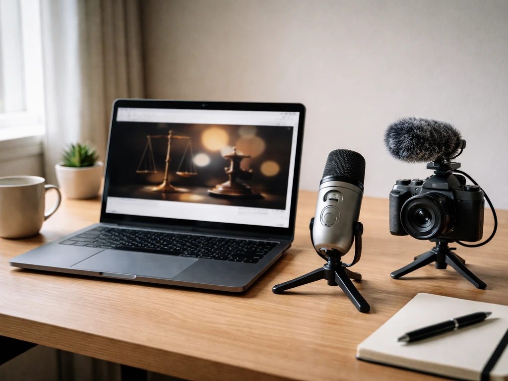 Minimal desk setup with a laptop playing a generic legal-themed video and a camera tripod, suggesting YouTube ad income.