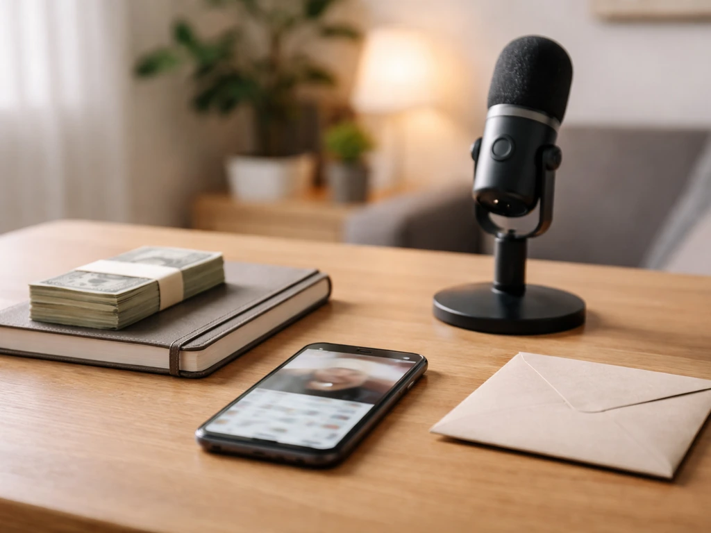 Minimal desk scene with smartphone, studio microphone, and banded cash symbolizing media and wealth components.