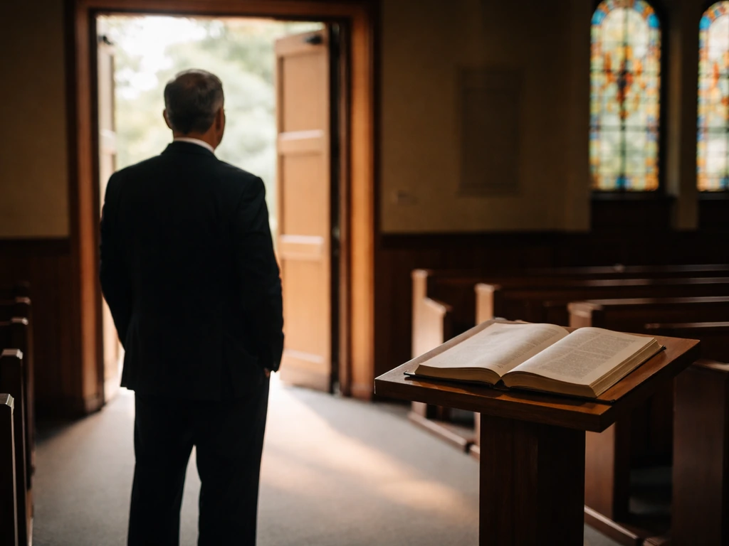 Warm-lit church entryway with a lectern and open book, an anonymous leader-like figure in frame.