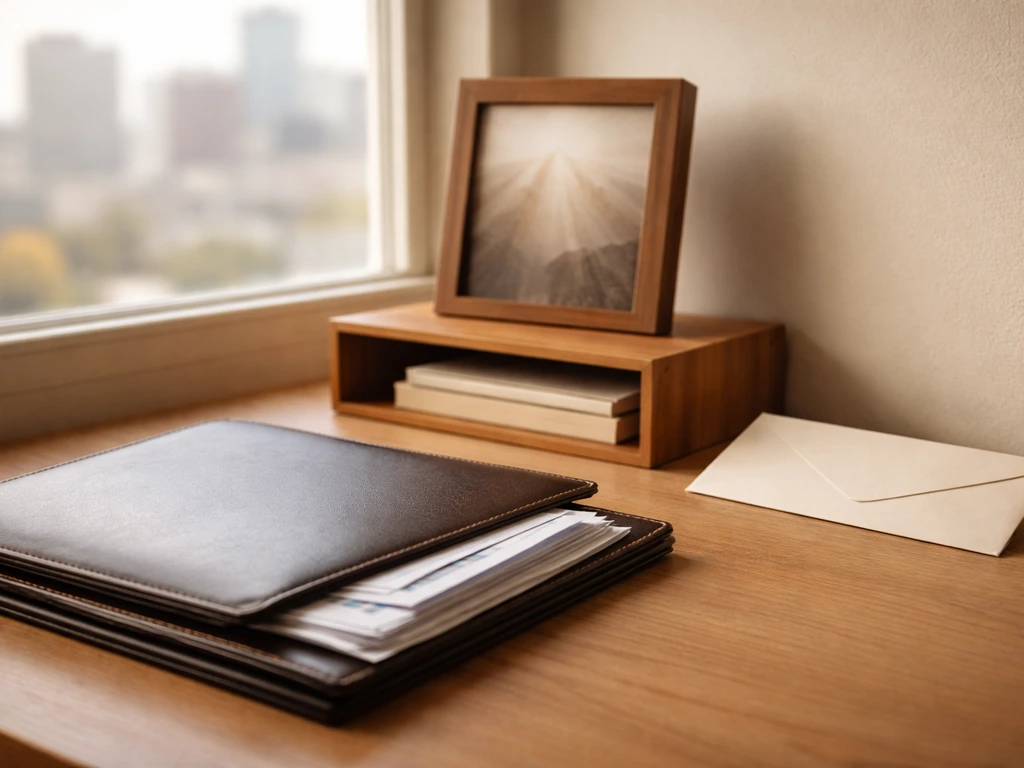 Minimal desk scene with portfolio, modest decor, and blank envelope symbolizing different income sources.