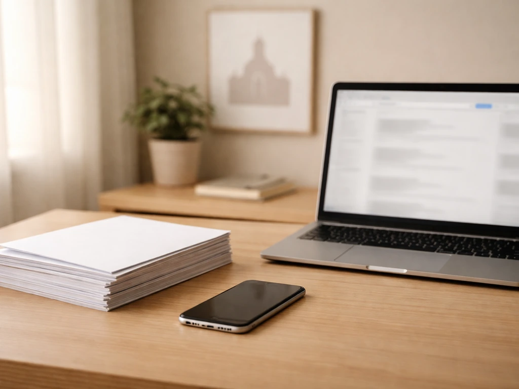 Home office desk with documents and laptop showing blurred search results for self-verification.