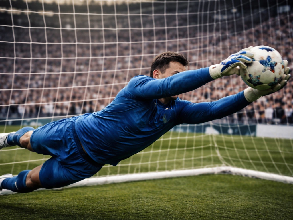 Goalkeeper in a modern stadium making a save for FC Porto, wearing a blue kit and gloves