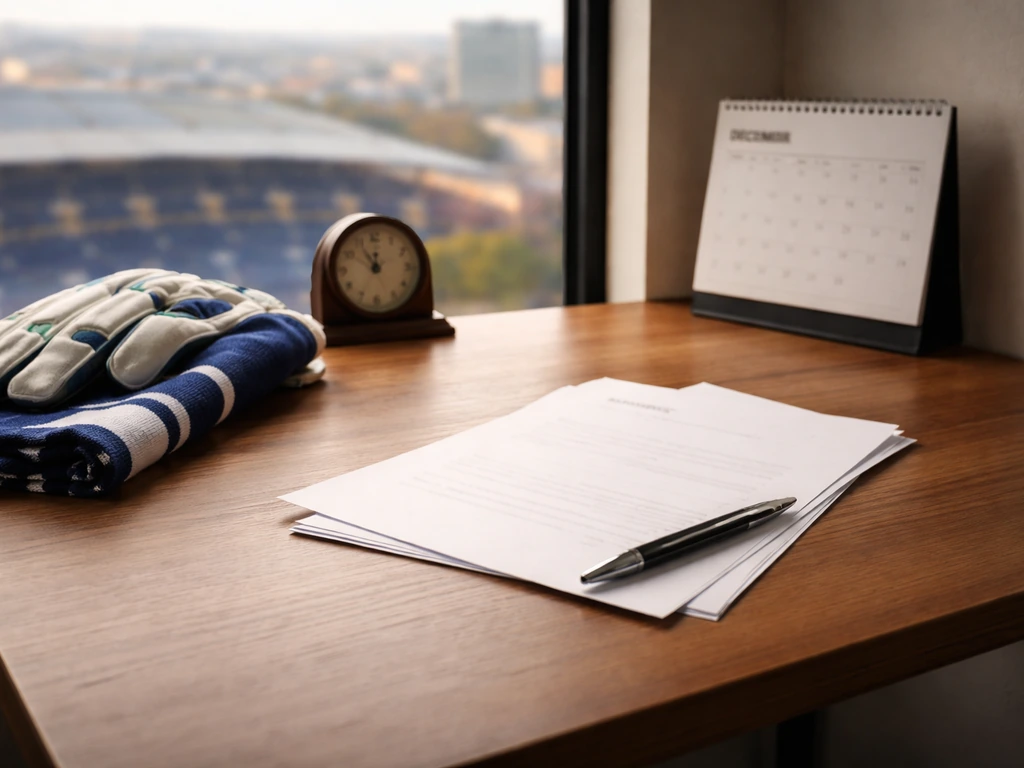 Empty desk with goalkeeper glove and contract papers beside a pen, symbolizing salary and contract context.