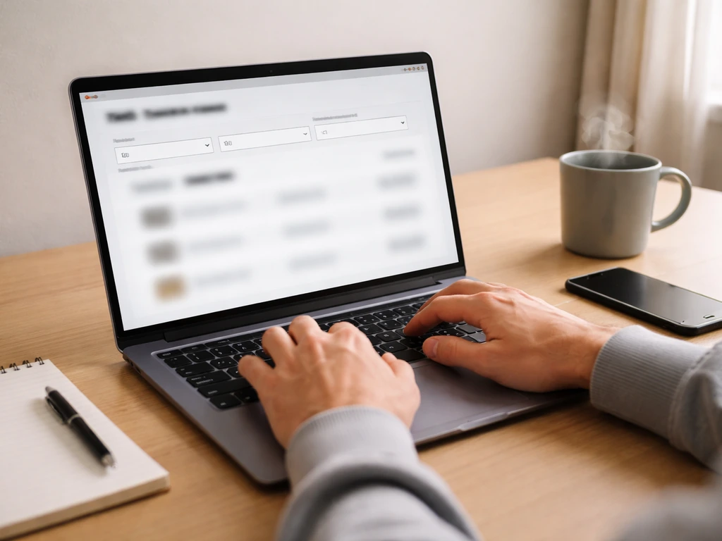 Person at a desk using a laptop to research sports salaries and contracts in a quiet workspace