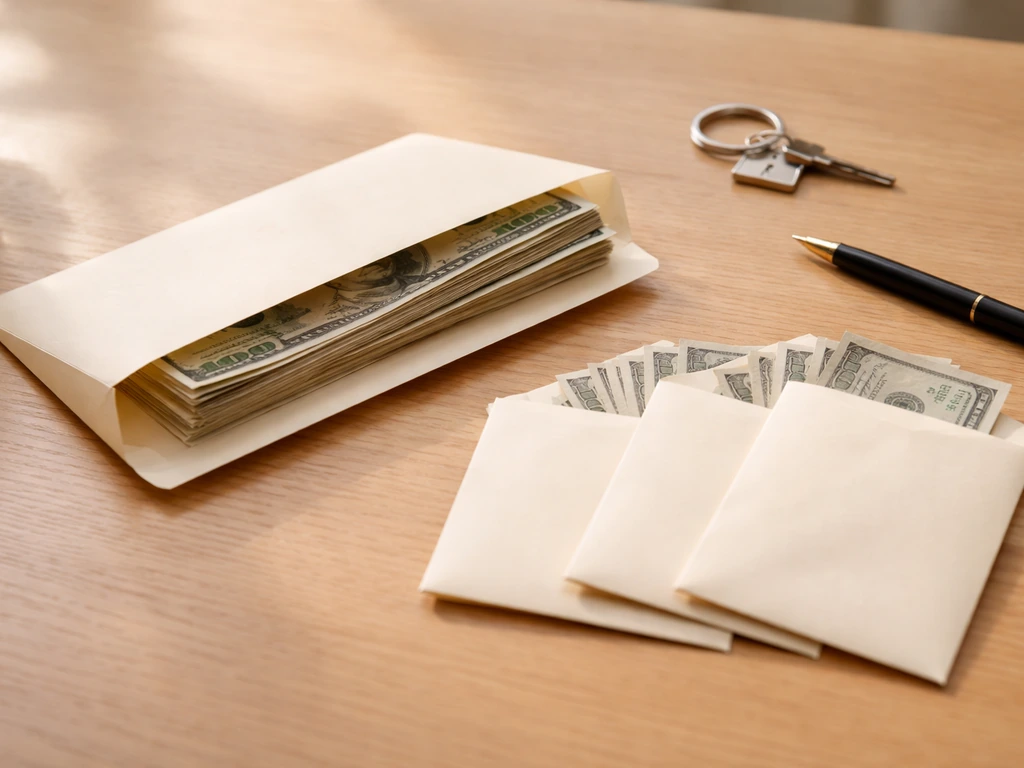 Close-up view of a desk with neatly stacked cash and a single large wage envelope beside smaller envelopes