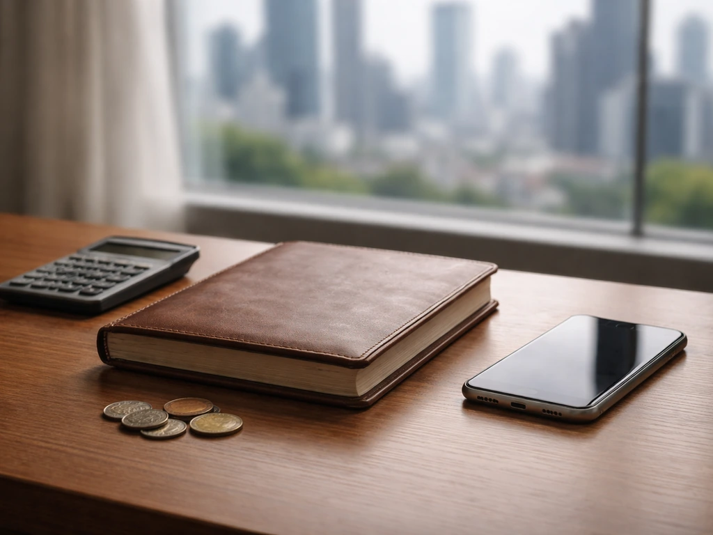Minimal photo of a banker’s desk with a closed ledger, calculator, and scattered coins in natural light.