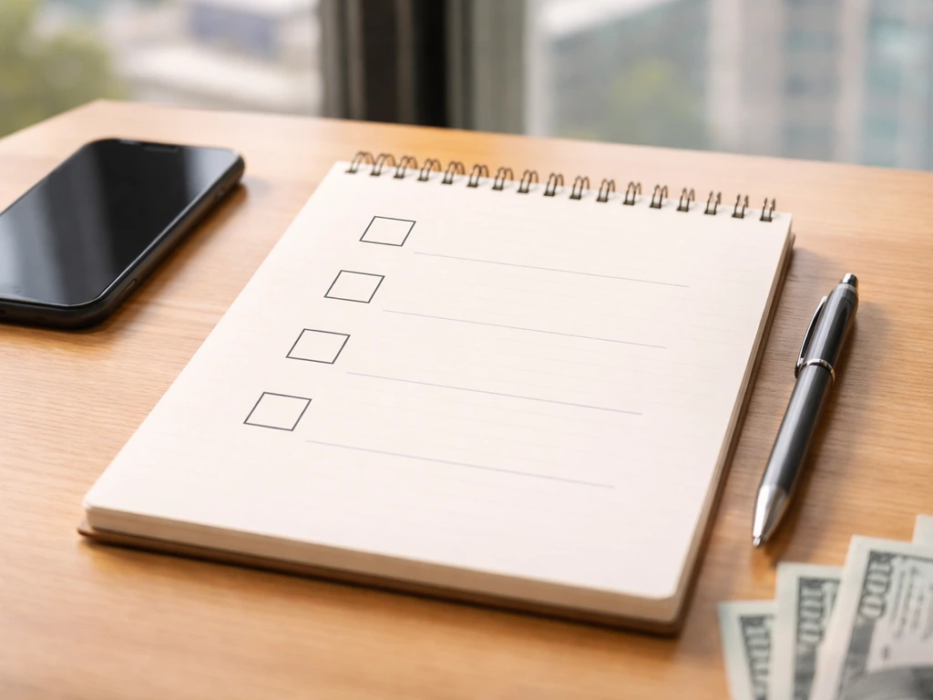 Minimal photo of an open notepad with a checklist-style layout beside a smartphone and cash, symbolizing net worth valid