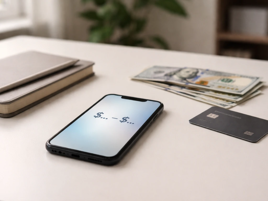 Minimal desk scene with money-like props and a smartphone showing a blurred wealth range.
