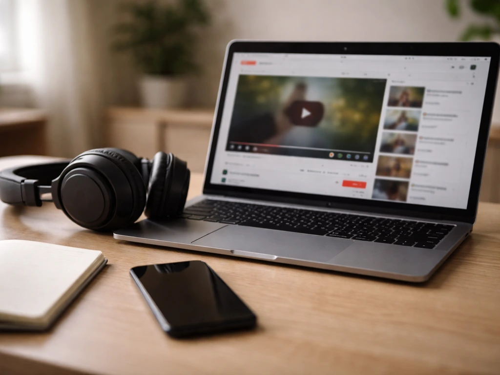 Minimal scene with a laptop showing a generic video thumbnail and headphones, representing streaming income.