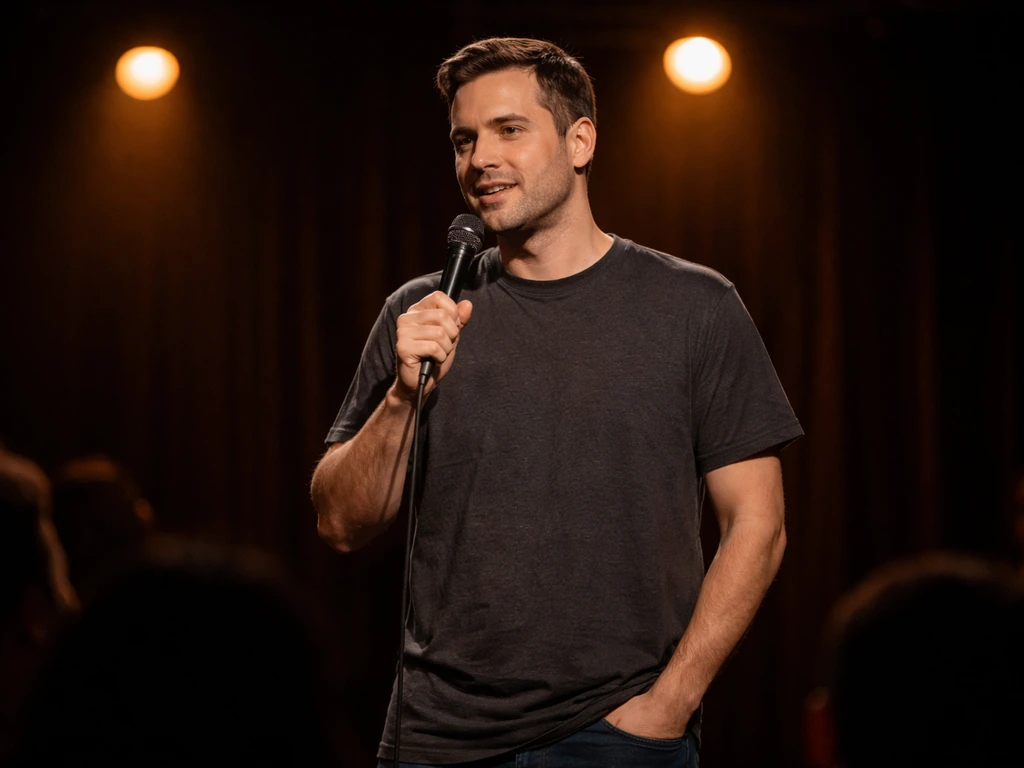 Minimal photo of a man holding a microphone on a small stage under warm lights