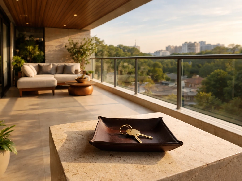 Sunlit modern apartment balcony in Brazil, luxury real estate vibe symbolizing celebrity investments.