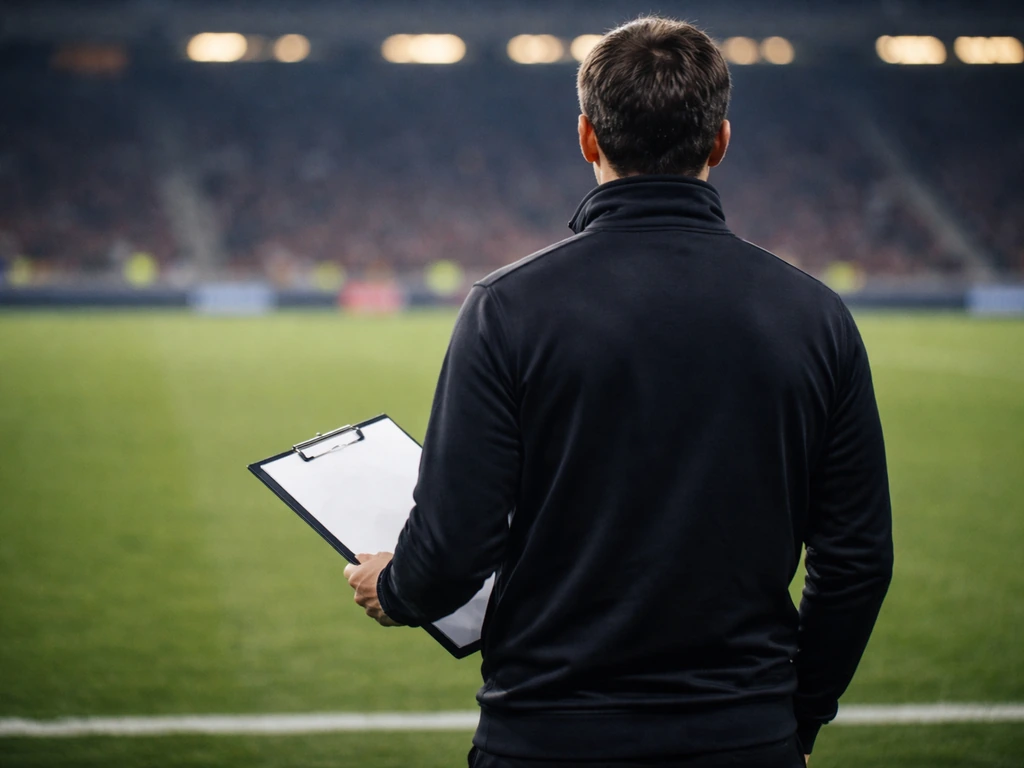 Anonymous football manager silhouette at a touchline with a scouting clipboard, hinting at media and money