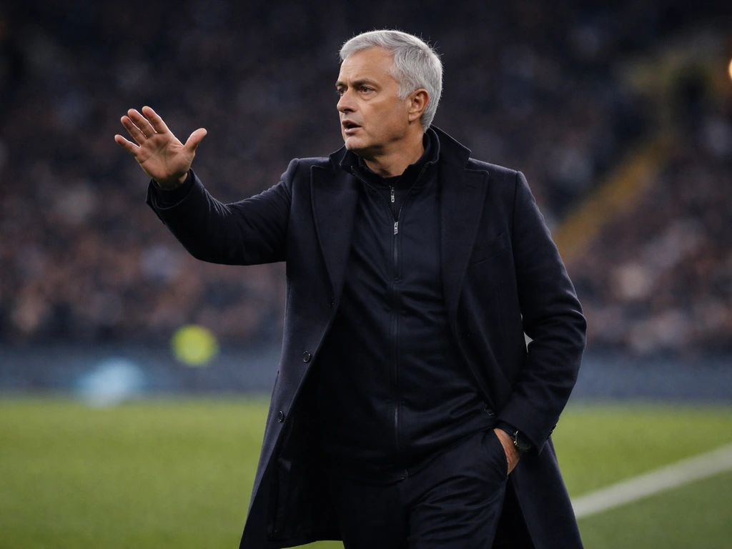 José Mourinho on the touchline during a European match, focused expression, stadium lights in the background.