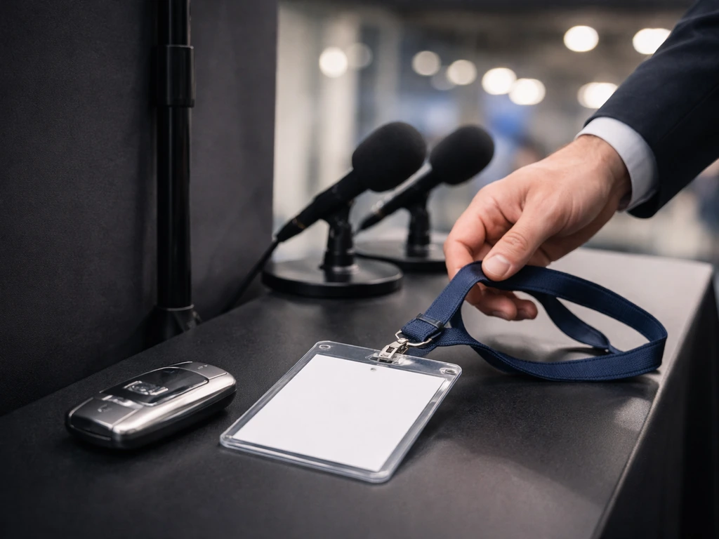 Backstage media area with press lanyard and event microphones on a table, hinting at brand partnership.