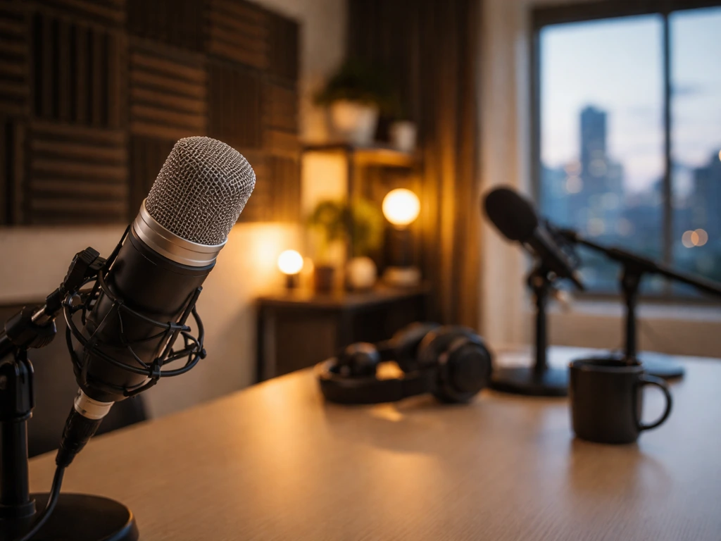 Empty podcast-style recording booth with a microphone and a blurred city skyline, symbolizing entertainment and net wort