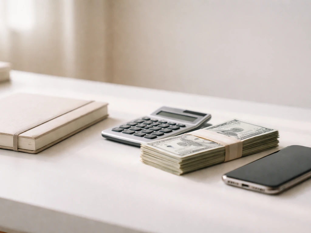 Close-up of a calculator beside a stack of US bills on a minimalist desk, suggesting a credible wealth range