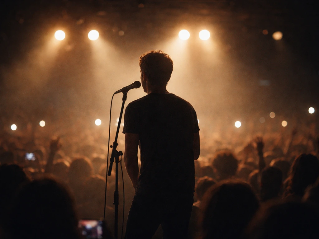 Musician onstage with a microphone and a softly lit crowd in the background during a live concert