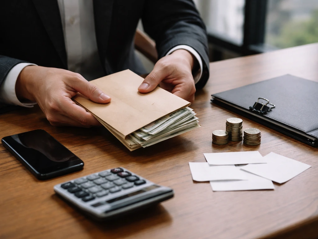 Minimal desk scene with a smartphone and cash envelope, suggesting a net worth estimate breakdown.