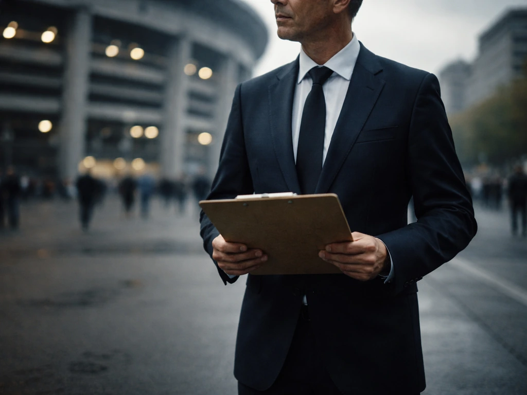 Matchday scene outside a European football stadium with an anonymous suit-clad manager holding a clipboard