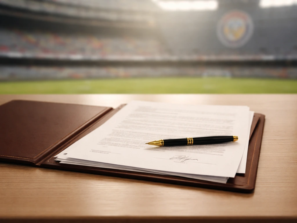 Minimal photo of contract papers and a pen on a desk with a blurred stadium backdrop, symbolizing a buyout.