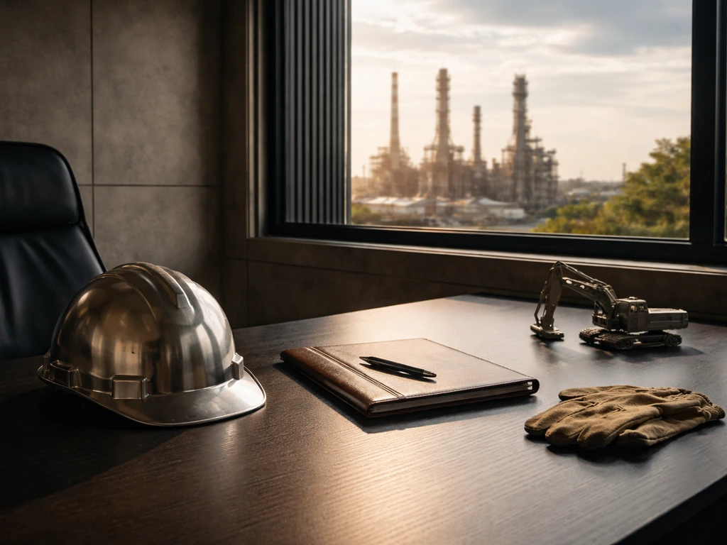 Brazilian industrial executive vibe: anonymous steelworks office desk with tools, papers, and warm light.