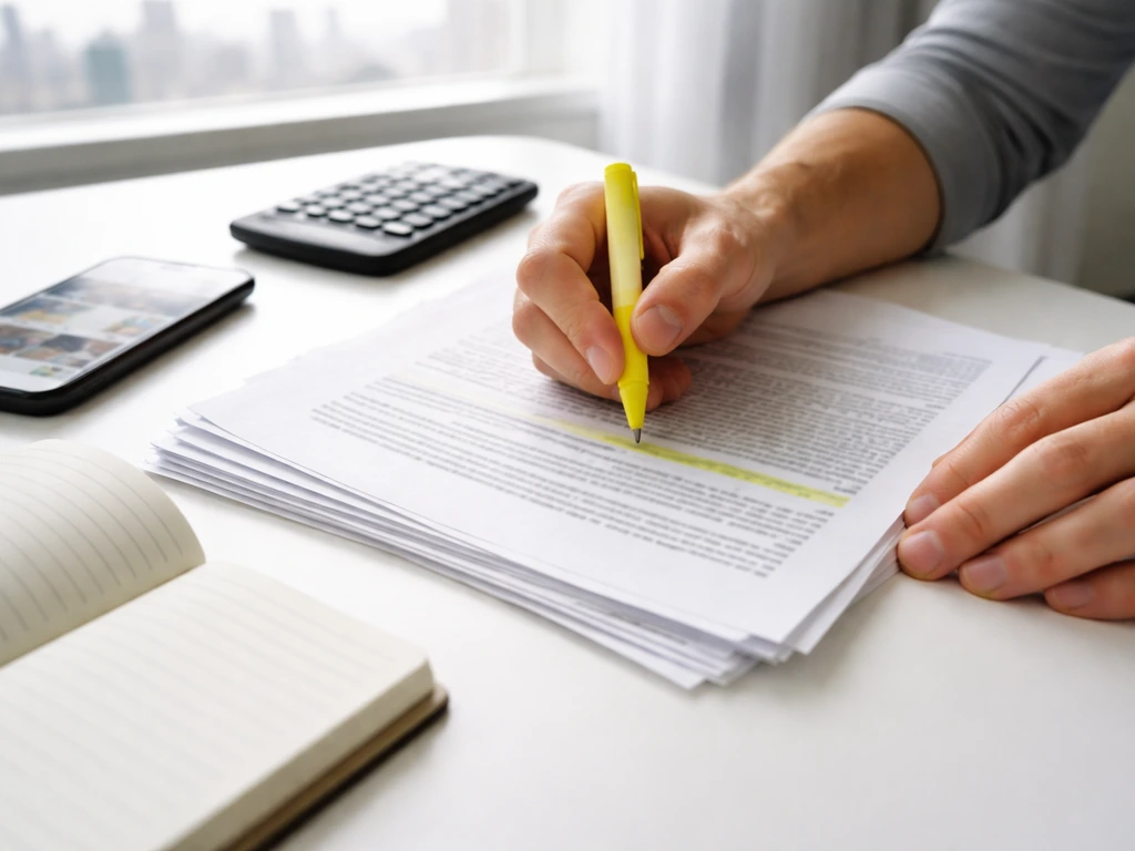 Hands highlighting an SEC-style proxy document on a desk with a calculator and blurred finance phone.
