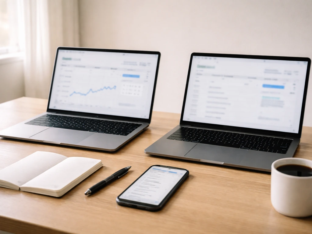 Minimal desk scene with two open laptops showing different financial update times and assumptions