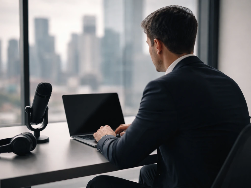 Anonymous crypto finance executive in a minimalist office with laptop and desk microphone, city blurred outside.