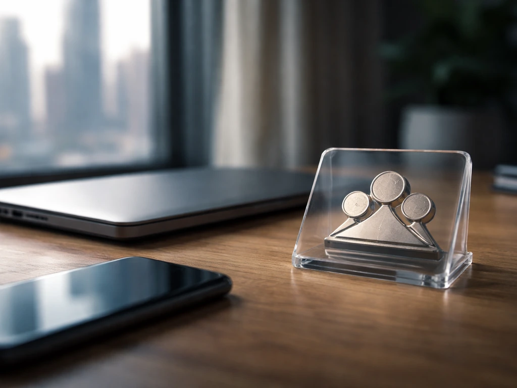 Minimal desk scene with a small metallic share-like emblem and blurred city window, symbolizing equity in crypto finance