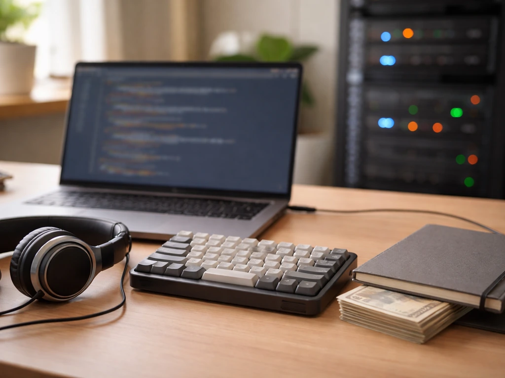 Minimal tech desk with laptop blur, headphones, and bills partially under a notebook, soft server lights behind