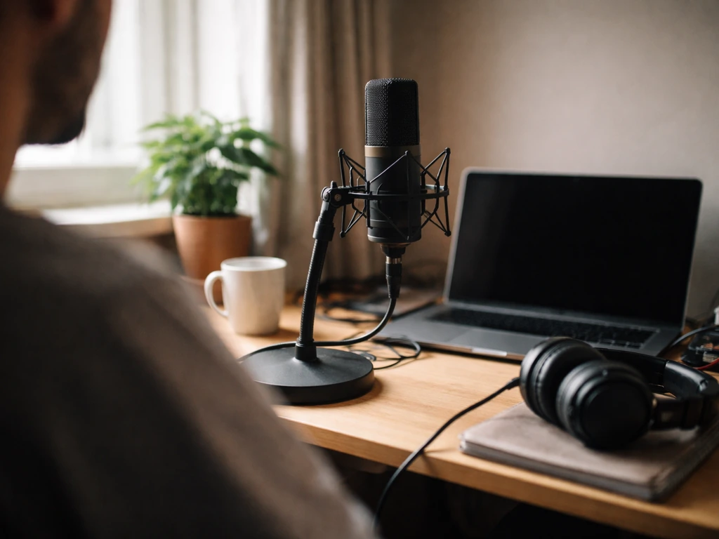 Anonymous home studio desk with a microphone and headphones, symbolizing media identity comparison.